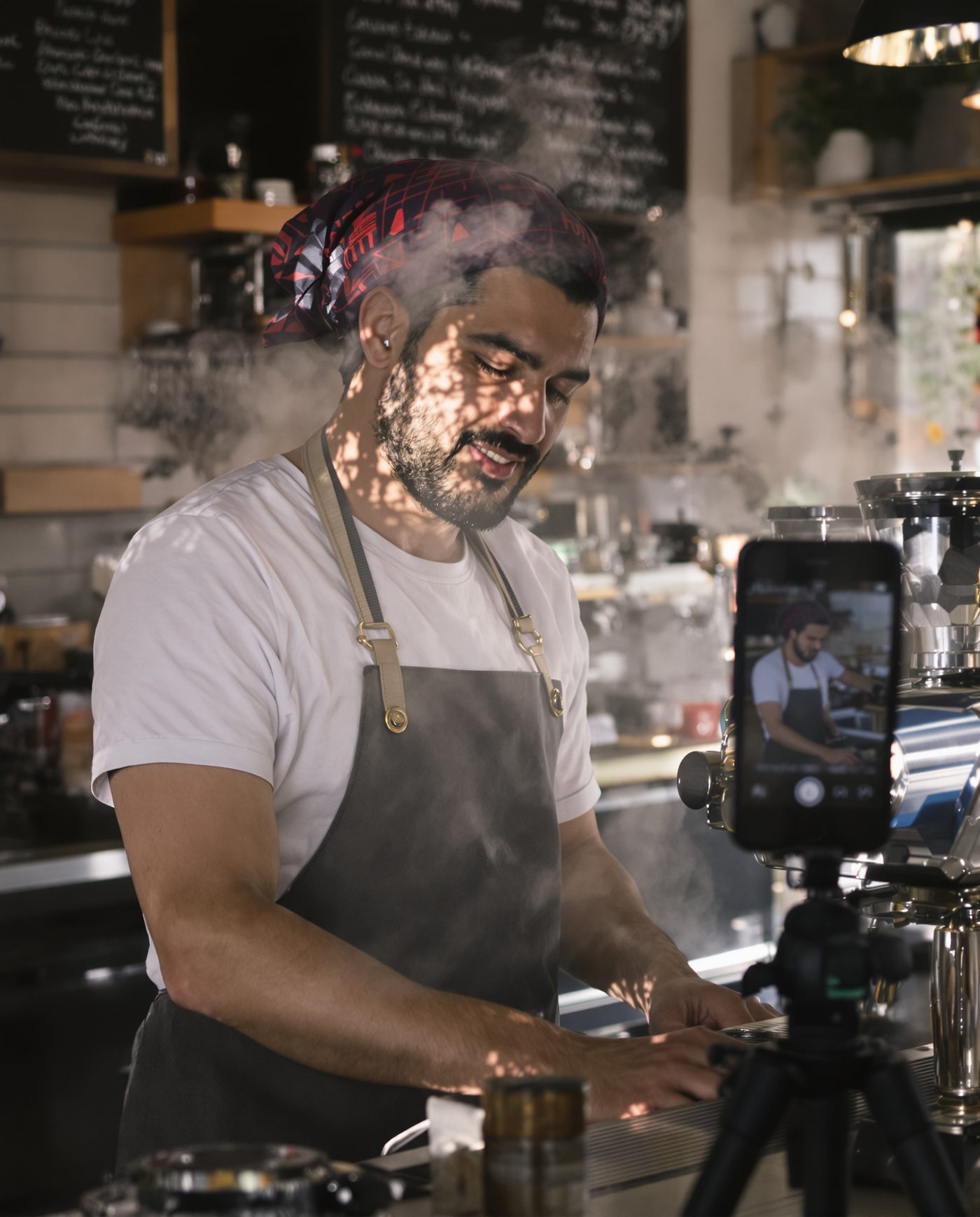 A business owner filming a clip on his phone